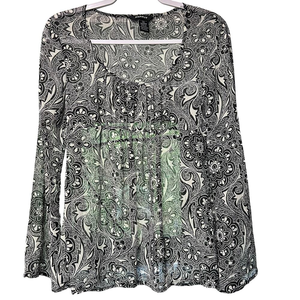 Anxiety Top Black White Floral Boho Chic Whimsigoth Artsy Ruched SZ Med Metallic